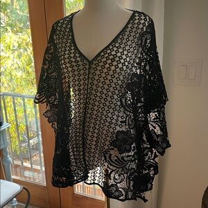 Black Lace Cover-Up Top Shirt Blouse Small Fits up to Large